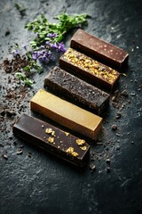 Gourmet chocolate bars with edible gold on textured dark background