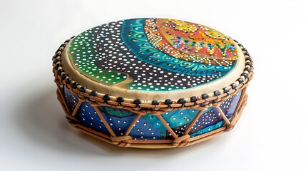 A colorful ocean drum with vibrant patterns and softly moving beads, centered on a clean white surface.