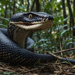 Obraz premium A snake has a magical power that it only reveals in times of danger. What could it be? A green and black snake with yellow stripes, looking to the right, with its head raised above the green grass. 