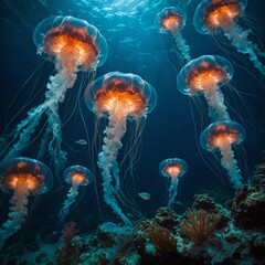 A deep-sea colony with glowing jellyfish-like structures.