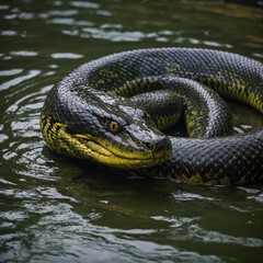 Obraz premium A green anaconda coiled near the banks of a clear Amazon river. grass snake natrix natrix A large snake in a body of water. Suitable for nature and wildlife concepts