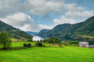 Fototapeta premium Beautiful Norwegian landscape in Haugsver (Hogsvaer). Vestland Fylke