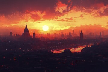 Fototapeta premium Sunset over a city skyline with smoke and dramatic colors filling the horizon