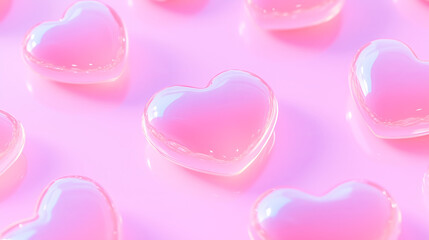 Obraz premium Seamless pattern of glossy pink translucent hearts on soft background