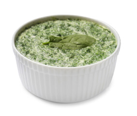 Delicious spinach sauce in bowl isolated on white