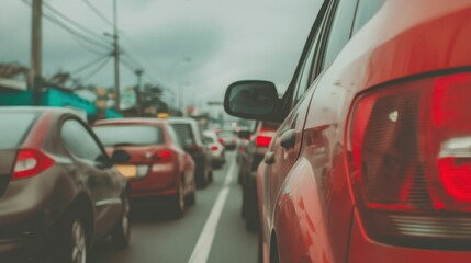 Fototapeta premium Urban traffic at dusk amidst cloudy skies capturing city commute scene