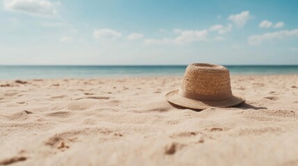 Straw Hat on Sandy Beach, Sunny Day, Vacation, Relaxation, Image for Travel Brochures,
