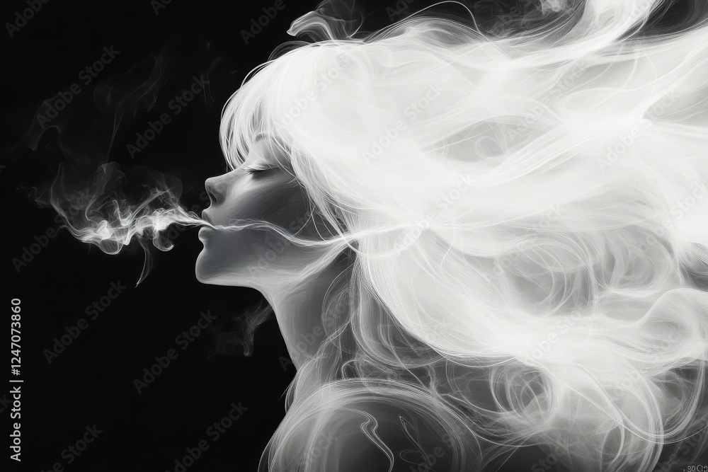 Poster dramatic waves crashing against each other creating a cloud of foam and mist in a dark background