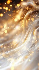 Stunning golden bokeh background featuring soft glowing orbs and shimmering light particles. Abstract design celebration, luxury, and festive elegance, ideal for holiday themes and glamour