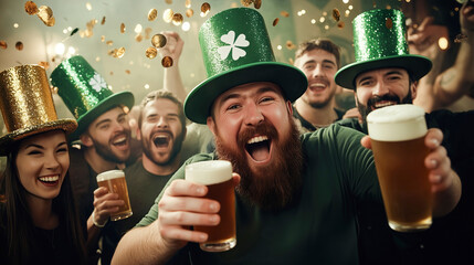 Cheerful emotional smiling man with a beard wearing green hat and holding glass of beer in his hands having fun with friends at Saint Patrick day party in bar. Celebration of national Irish culture.