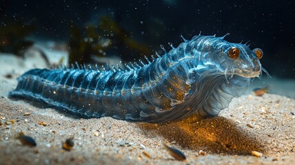 World wildlife day with conservation and marine concept. Underwater sea cucumber with blue coloration on sandy seabed.
