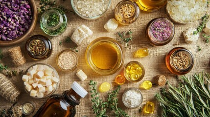 Aromatic essential oils and herbs flat lay