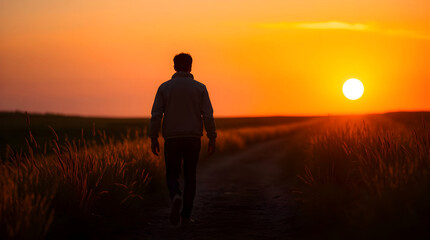 Stunning sunset scene featuring a lone traveler on a quiet nature path, bathed in warm golden-hour glow