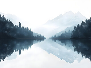 Minimalist Misty Mountain Lake Reflection. Symmetrical Landscape Art. Concept of tranquility, serenity, and ethereal beauty. Monochrome nature scene