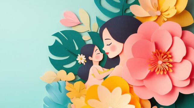 paper cut illustration with mother and child, big tropical  flowers and leaves around them, celebrating design for Mothers day. woman holds her daughter on hands.