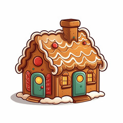 Gingerbread, house, with white glaze, brown pipes, angle view, icon, colored sketch, isolated on a white background, image for printing on a T-shirt, signs