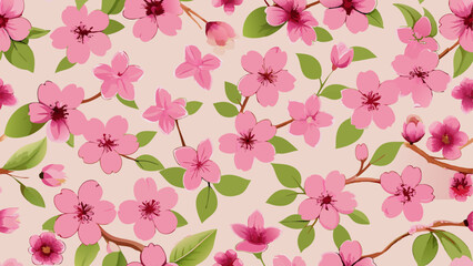 Generative ai. a painting of pink flowers and green leaves on a beige background. The flowers are vibrant and the leaves are a deep, lush green