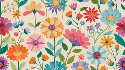 Generative ai. a vibrant painting of colorful flowers and leaves on a white background. The flowers are painted in a variety of colors, including pink, yellow, blue, and purple, and the leaves are a d