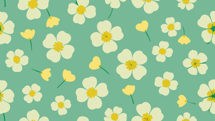 Generative ai. a seamless pattern of white and yellow flowers on a green background. The flowers are arranged in a repeating pattern, creating a beautiful and eye-catching design