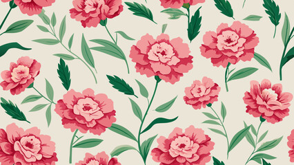 Generative ai. a seamless pattern of pink flowers and green leaves on a white background. The flowers are vibrant and the leaves are a deep, lush green