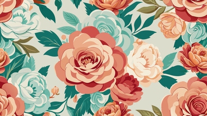 Generative ai. a beautiful floral pattern with pink and blue roses on a white background. The roses are arranged in a seamless pattern, creating a stunning visual effect