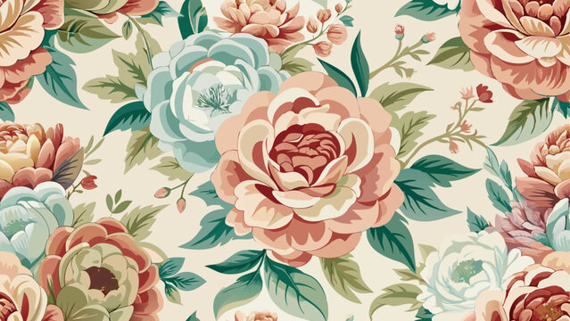 Generative ai. a vintage floral wallpaper with pink and blue flowers and green leaves on a white background. The flowers are arranged in a seamless pattern, creating a beautiful and eye-catching desig