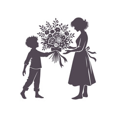Mother's Day Silhouette: Child Presenting Flowers to Mom