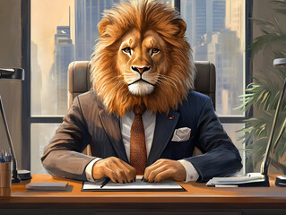 Serious Lion Executive Signing Document - Concept of Corporate Leadership, Authority, Professionalism & Decisive Business Decisions