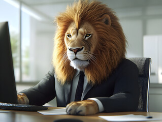 Humorous Lion Businessman at Office Desk - Funny Animal CEO in Suit, Concept of Corporate Life, Leadership, Management, & Ambition