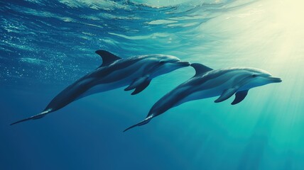 Fototapeta premium World wildlife day with conservation and marine concept. Dolphins swimming gracefully in a serene underwater scene.
