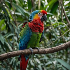 Obraz premium Parrot on a tree branch A macaw chick with rainbow feathers perched on a branch, with blurred jungle. Create an image of a vibrant, colorful parrot wearing stylish glasses.