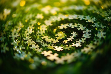 Obraz premium Spiral pattern of interlocking puzzle pieces on green background