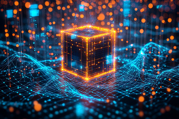 A glowing wireframe illustration of a quantum computer processor surrounded by an intricate network of glowing circuits and dynamic energy waves, symbolizing advanced computing 