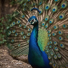 Fototapeta premium peacock with feathers out up close and in full splendor. peacock with feathers. Peacock to spread his tail, showing its feathers. Close up portrait of peacock