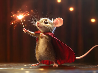 Whimsical Mouse with Sparkler, Festive Celebration Concept: Joy, Magic, Childhood, Surprise, Birthday, Holiday. Cute Cartoon Character in Red Cape, 3D Render. Theatrical Lighting