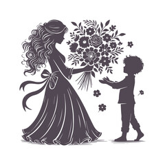 Mother's Day Silhouette: Child Presenting Flowers to Mom