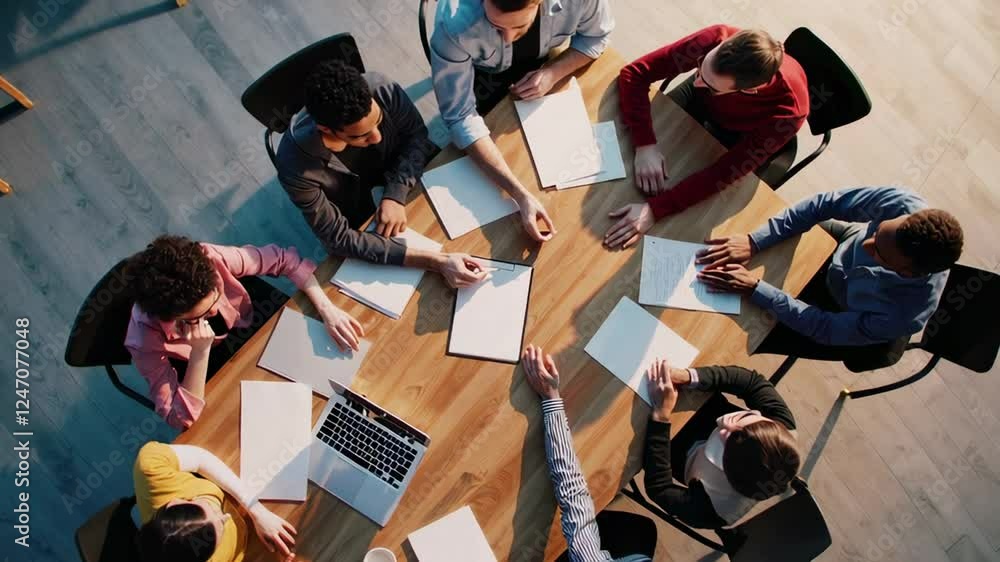 Poster slow motion top view of a diverse team of professionals gathered around a table, actively discussing