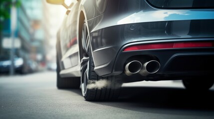 Fototapeta premium Dirty Black Bumper of Luxury Sedan Car with Traction Dual Exhaust Pipes in City Environment - Automotive Industry Concept