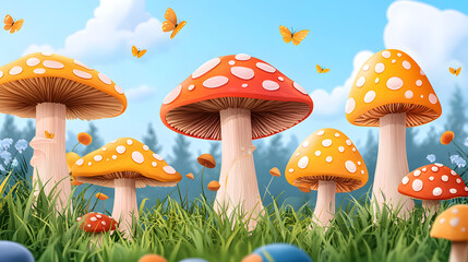 Vibrant Mushrooms and Toadstools in a Colorful Forest with Butterflies, Grass, and Enchanting Scenery &ndash; Whimsical Outdoor Ecosystem Featuring Flora and Fauna in a Sunny Meadow Adventure