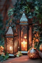 Handcrafted, ornate lanterns with lit candles, suggesting warmth and romance, set against a garden backdrop for a vintage-inspired ambiance.