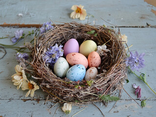Obraz premium Pastel Eggs in Rustic Bird's Nest