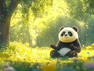 Meditative Baby Panda in Sunny Meadow - Adorable Animal in Nature, Concept of Peace, Tranquility, & Childhood Innocence