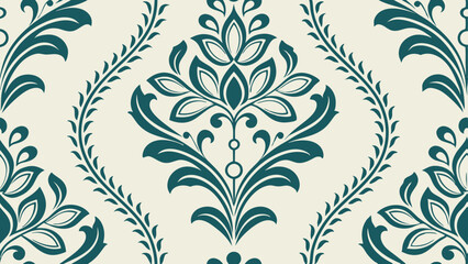 Generative ai. a blue and white damask wallpaper with a floral pattern. The pattern is intricate and detailed, with a variety of shapes and colors that create a beautiful and eye-catching design