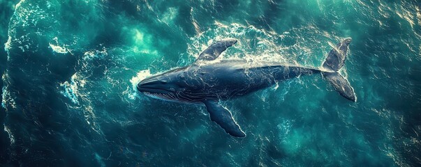 Fototapeta premium World wildlife day with conservation and marine concept. Whale swimming in vibrant blue ocean waters.