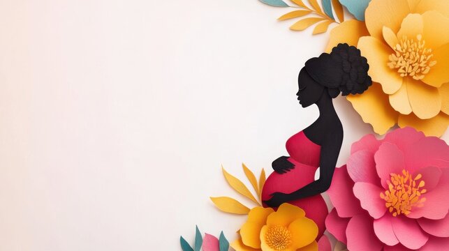 Pregnant black woman paper with big flowers and leaves surround. Banner about pregnancy, breastfeeding and motherhood. Illustration for mothers day with female, cut out, side view, place for text