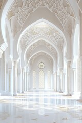 Fototapeta premium A grand mosque hall with tall white pillars, ornate ceiling designs, and sunlit ambiance.