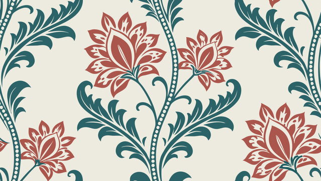 Generative ai. a red and green floral pattern on a white background. The pattern is intricate and detailed, with a variety of shapes and colors that create a beautiful and eye-catching design