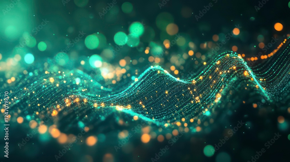 Poster a bright digital rendering of an ecg pulse displayed on a dark green background.