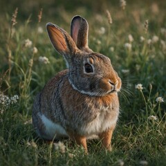 Fototapeta premium A peaceful scene of a rabbit hopping through a blooming meadow. A rabbit in a quaint, small cage in a peaceful meadow filled with vibrant wildflowers.