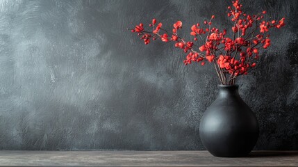 Red flowers in a black vase against a textured gray background